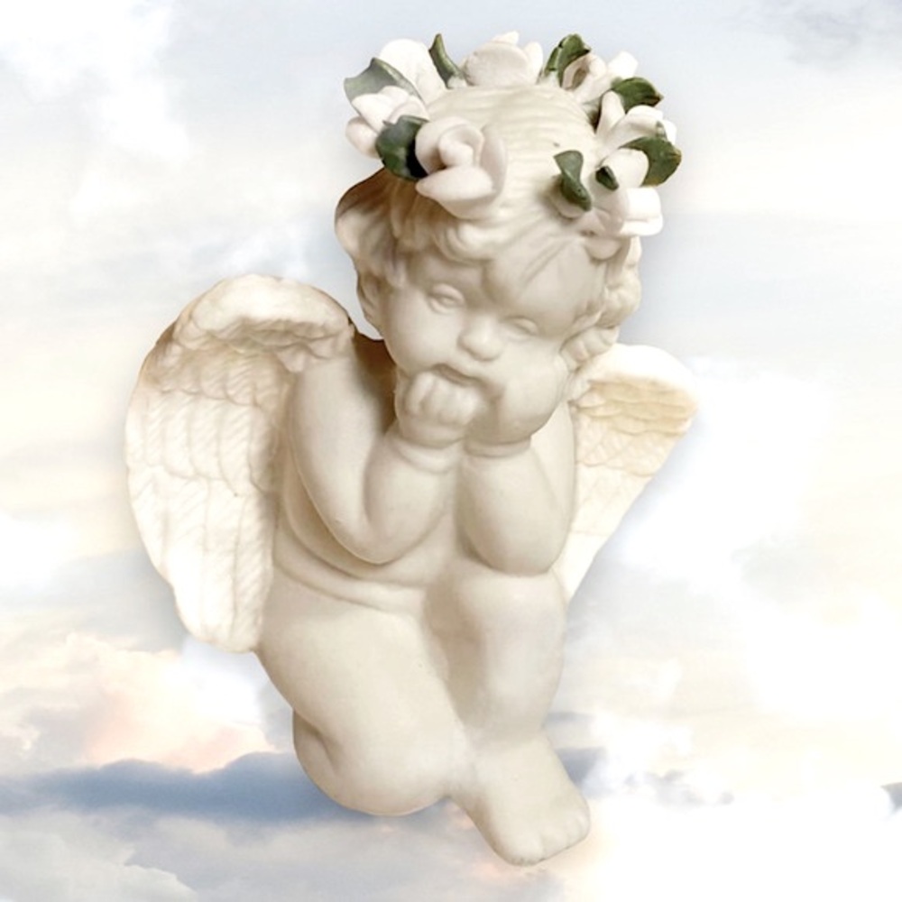 Ceramic Angelic Ivory White Cherub with Flower Crown Figurine Holiday Decor